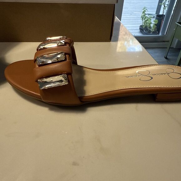 Jessica Simpson 7M Amille Ginger Faux Leather Embellished Slip On Flat Sandals - Picture 6 of 9